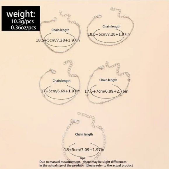 5pc Silver Tone Bracelet Set Jewelry Gift Beaded Hearts Chains - Picture 6 of 7